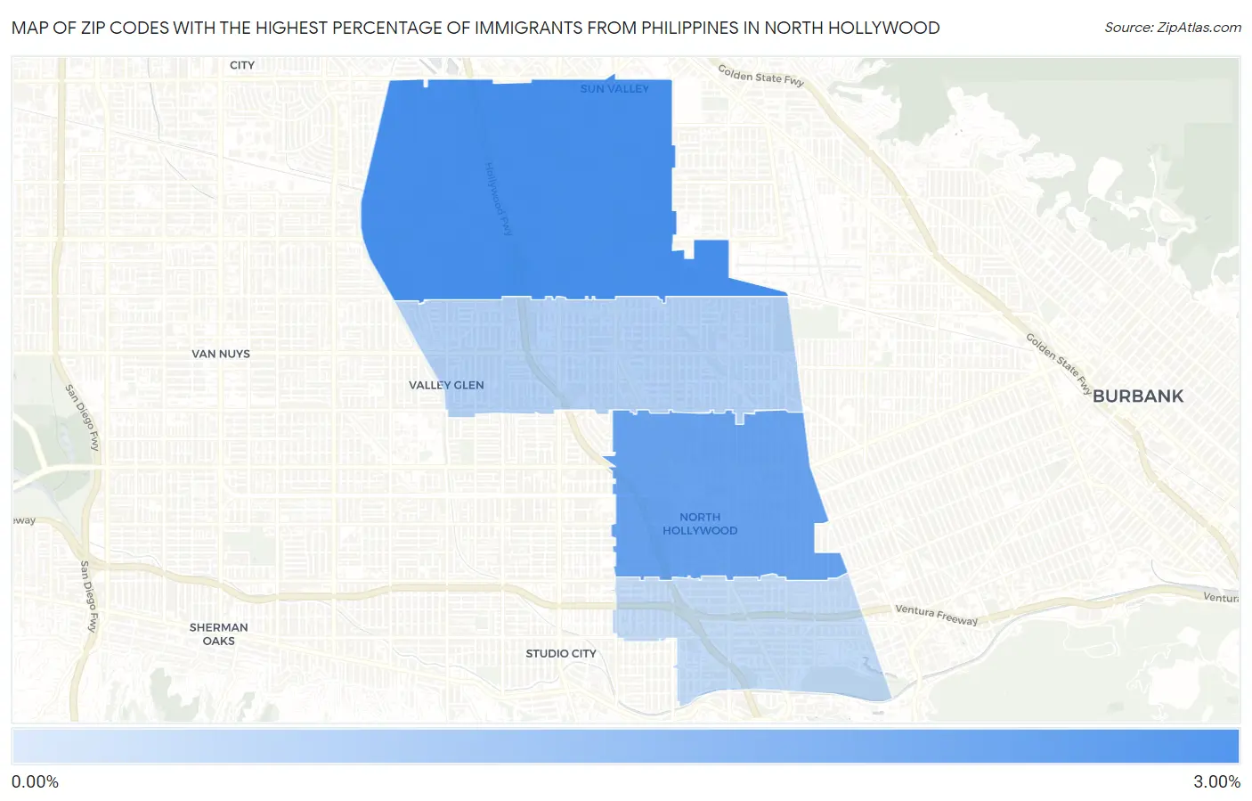 Zip Codes with the Highest Percentage of Immigrants from Philippines in North Hollywood Map