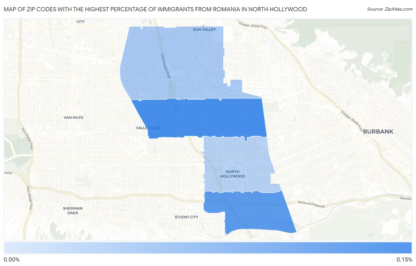 Zip Codes with the Highest Percentage of Immigrants from Romania in North Hollywood Map
