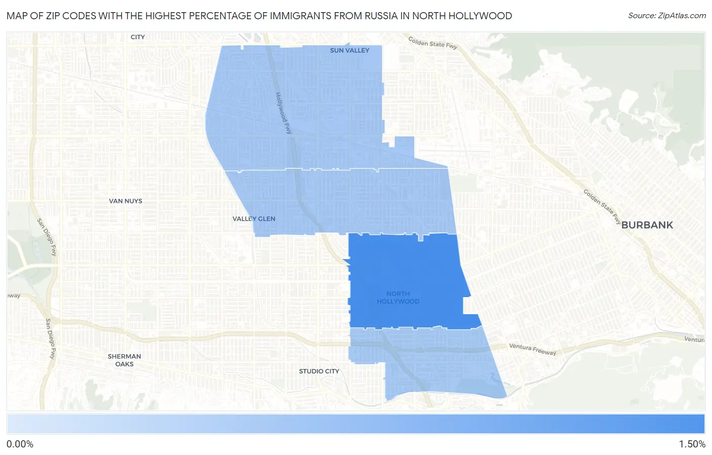 Zip Codes with the Highest Percentage of Immigrants from Russia in North Hollywood Map