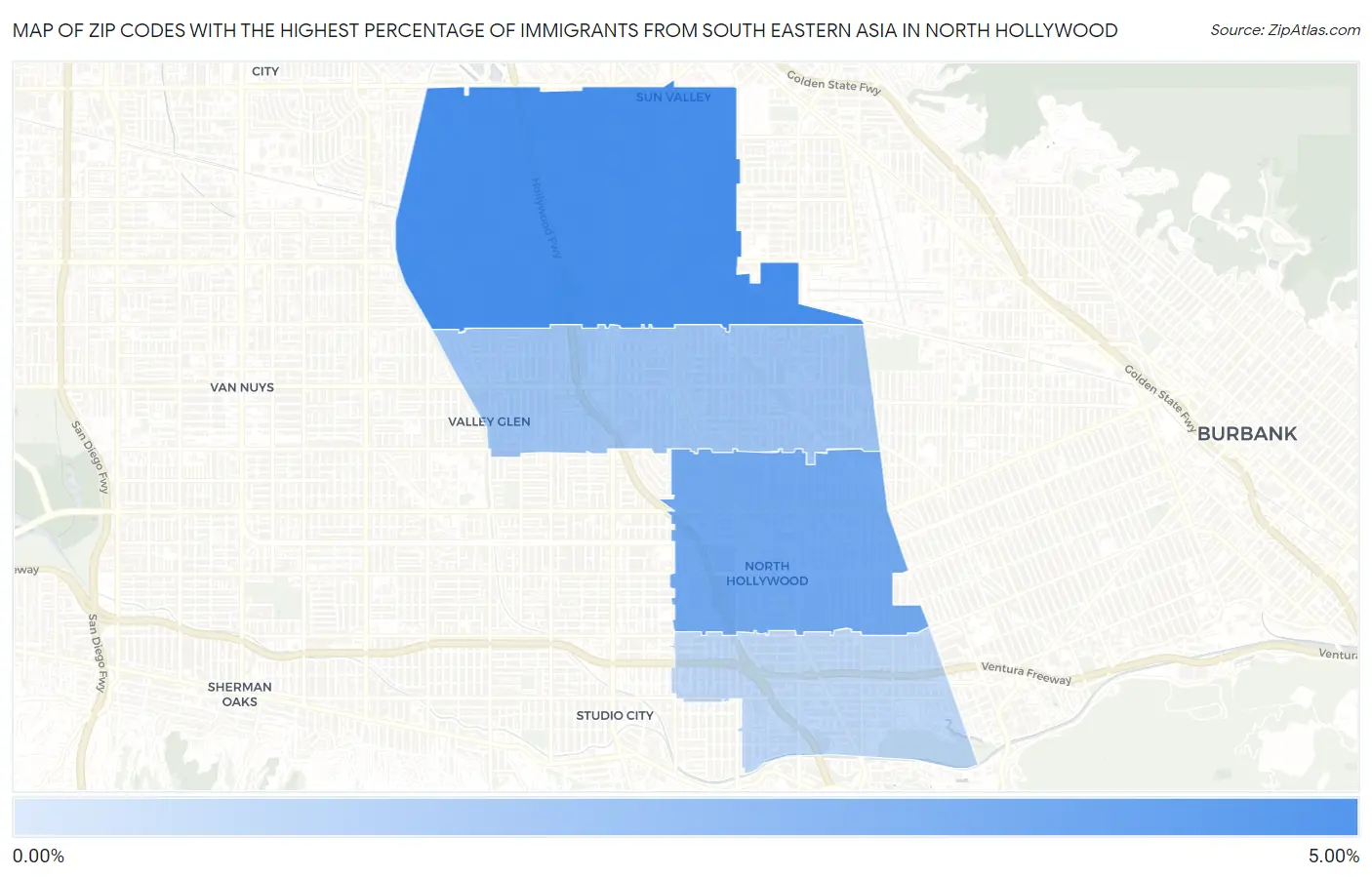 Zip Codes with the Highest Percentage of Immigrants from South Eastern Asia in North Hollywood Map