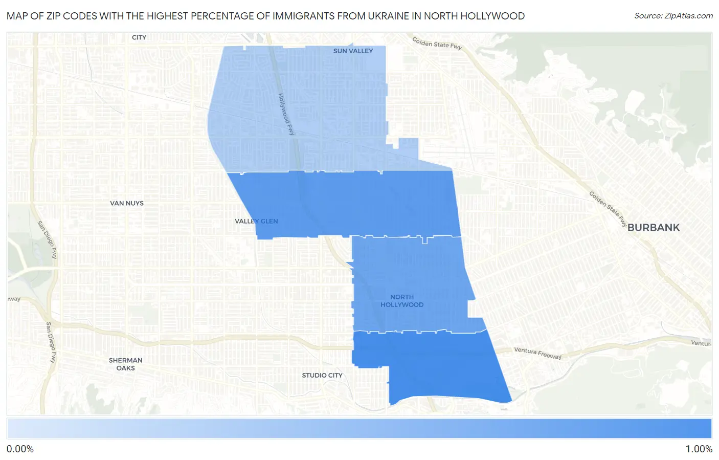 Zip Codes with the Highest Percentage of Immigrants from Ukraine in North Hollywood Map
