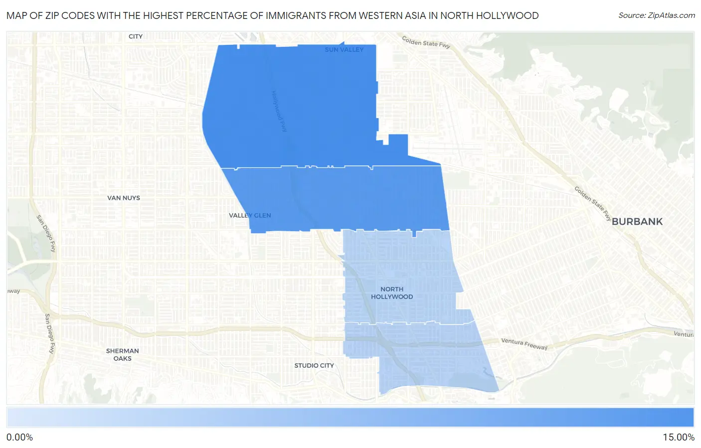 Zip Codes with the Highest Percentage of Immigrants from Western Asia in North Hollywood Map