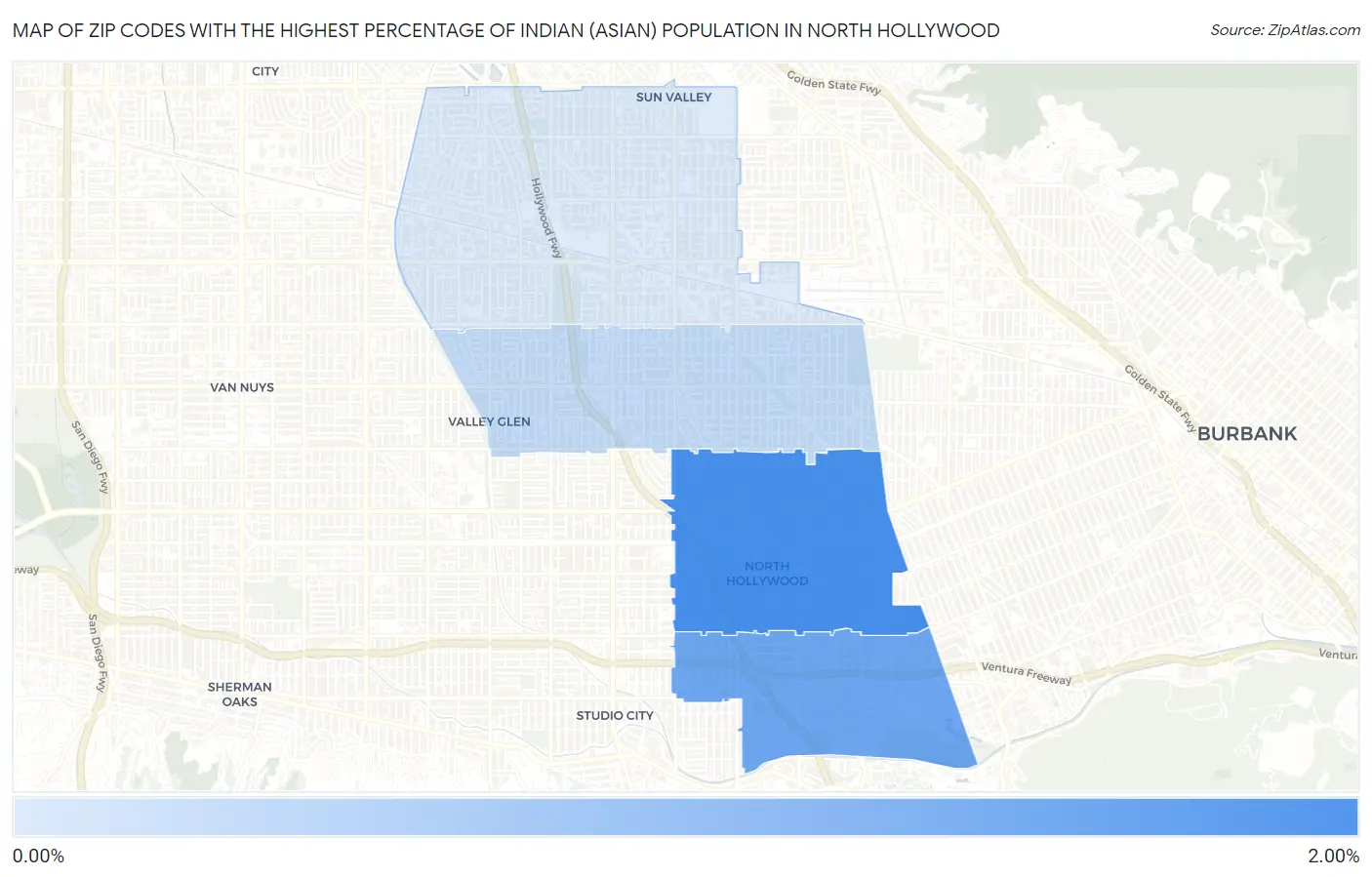 Zip Codes with the Highest Percentage of Indian (Asian) Population in North Hollywood Map
