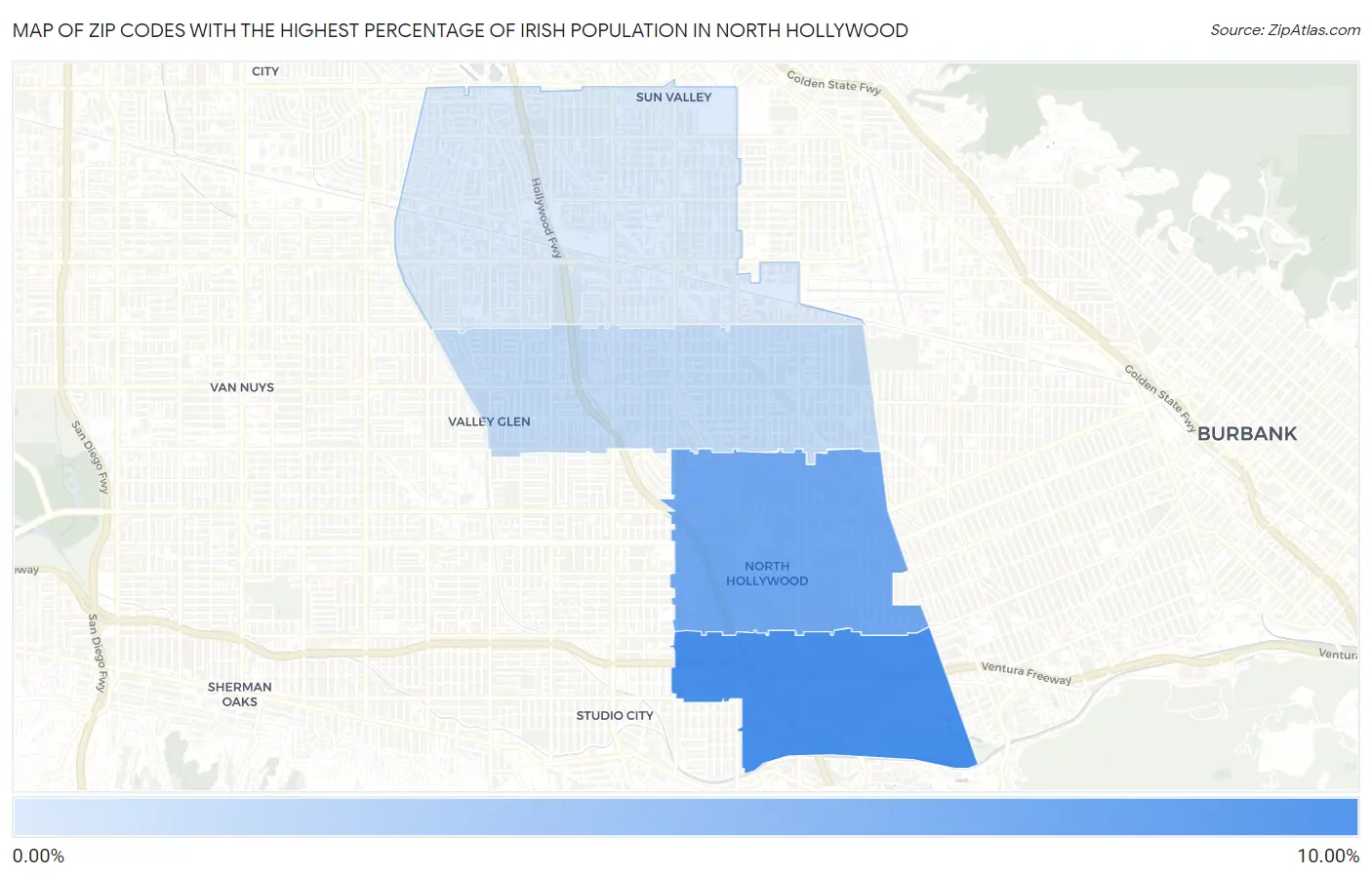 Zip Codes with the Highest Percentage of Irish Population in North Hollywood Map