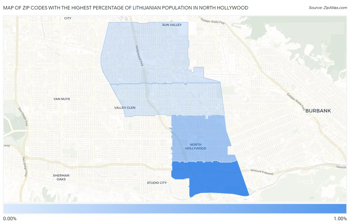 Zip Codes with the Highest Percentage of Lithuanian Population in North Hollywood Map