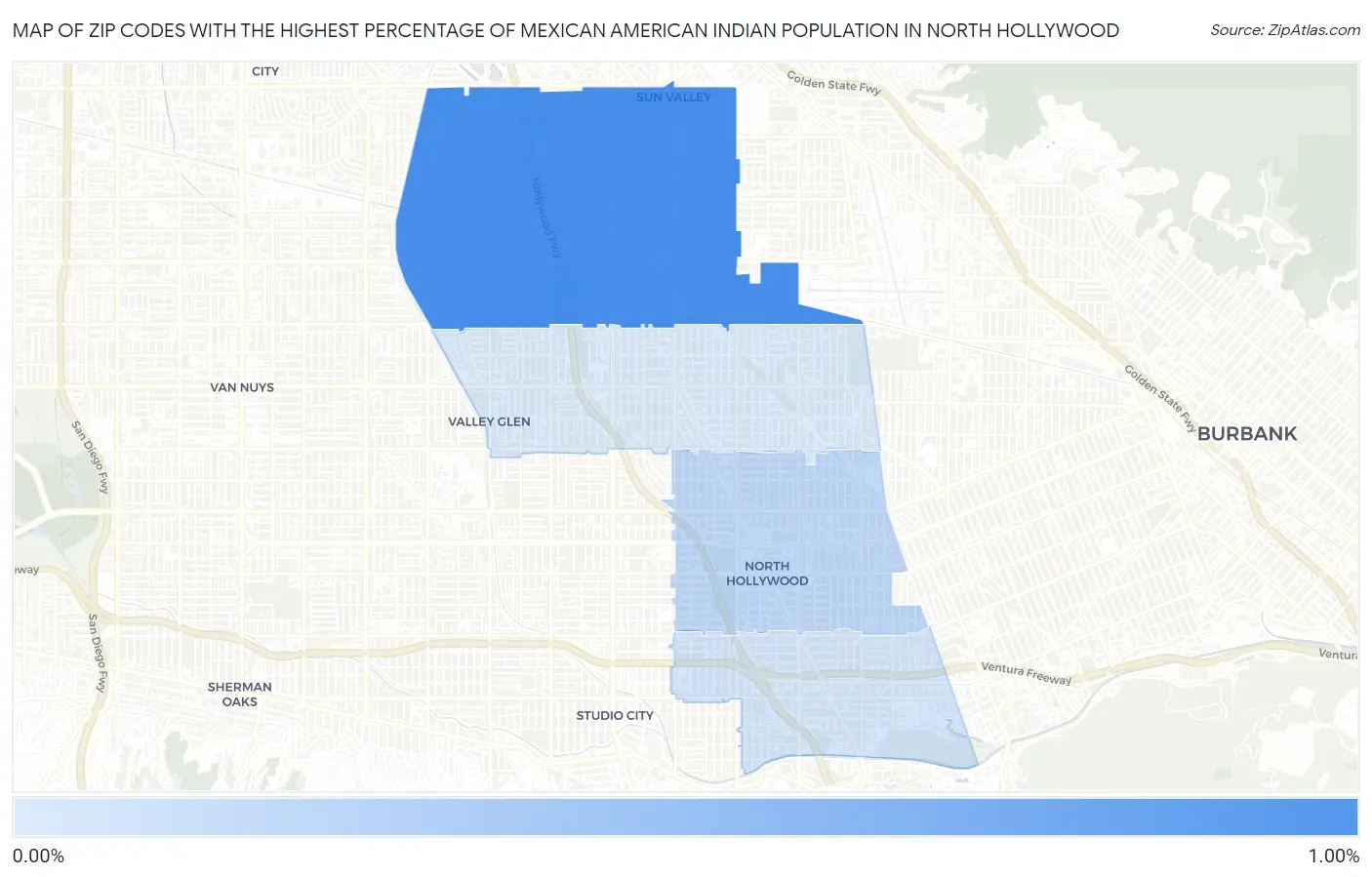 Zip Codes with the Highest Percentage of Mexican American Indian Population in North Hollywood Map