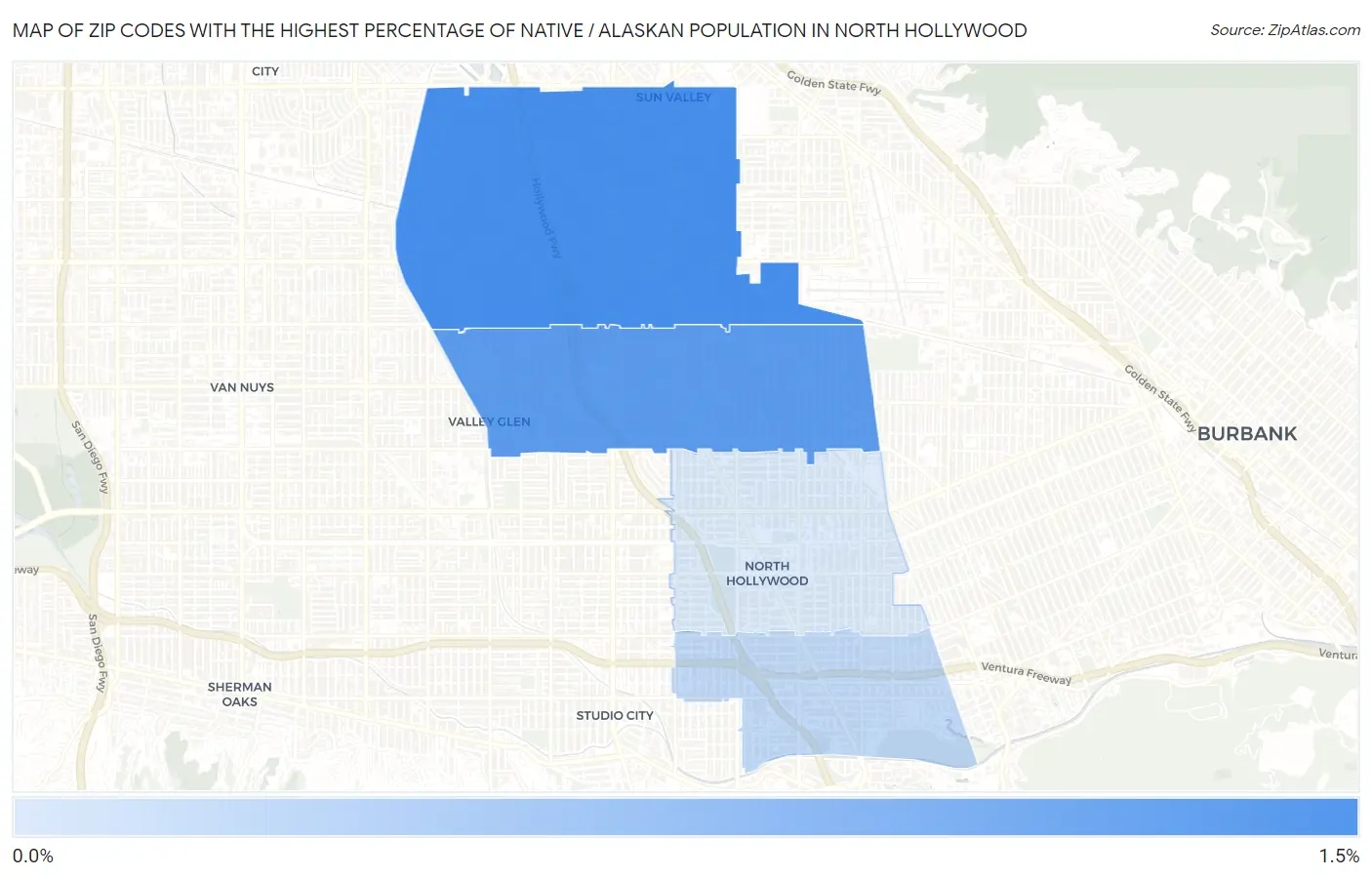 Zip Codes with the Highest Percentage of Native / Alaskan Population in North Hollywood Map