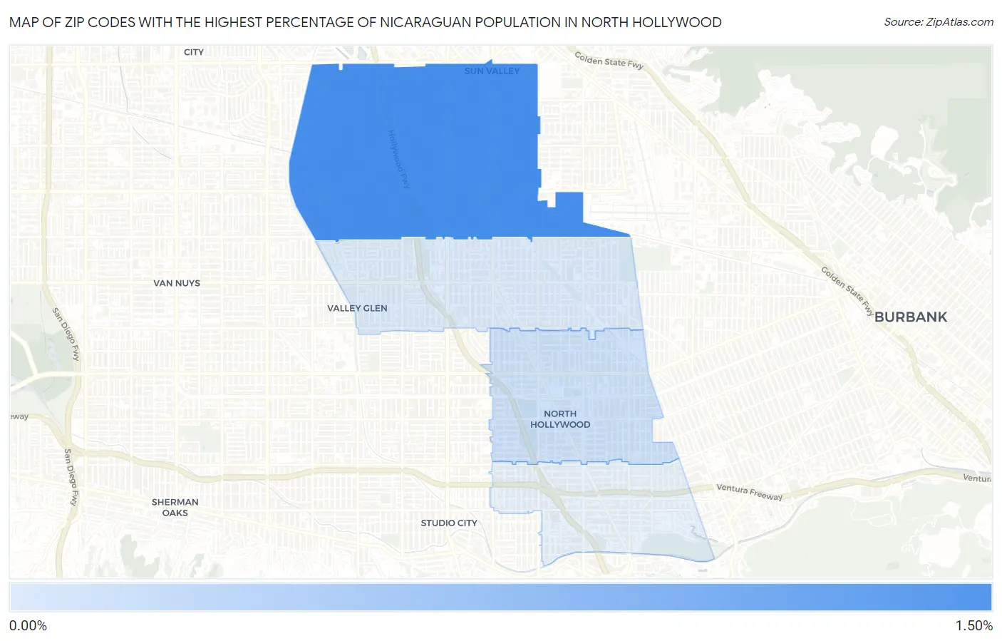 Zip Codes with the Highest Percentage of Nicaraguan Population in North Hollywood Map