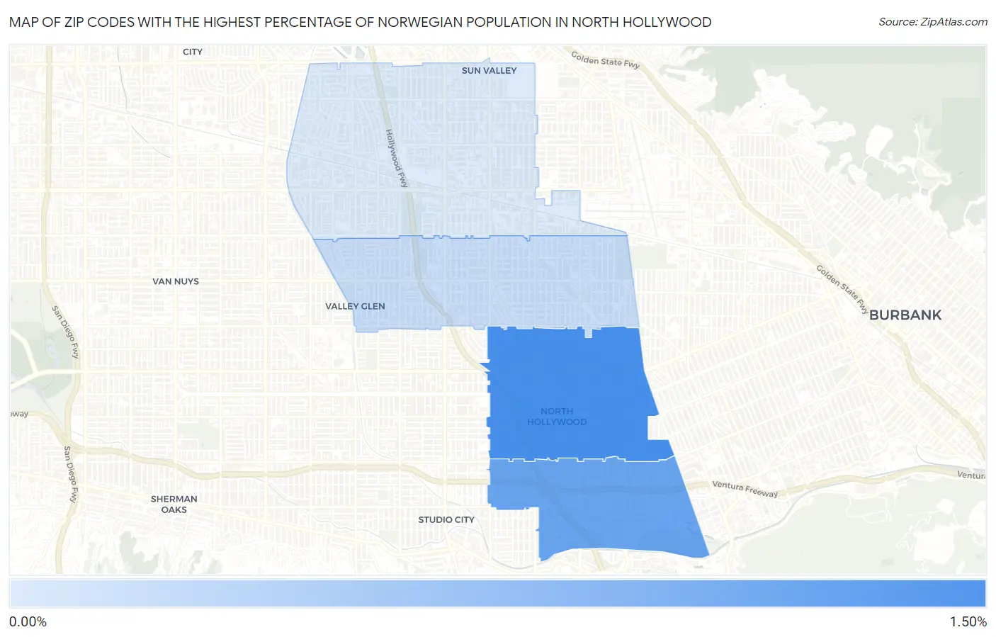 Zip Codes with the Highest Percentage of Norwegian Population in North Hollywood Map