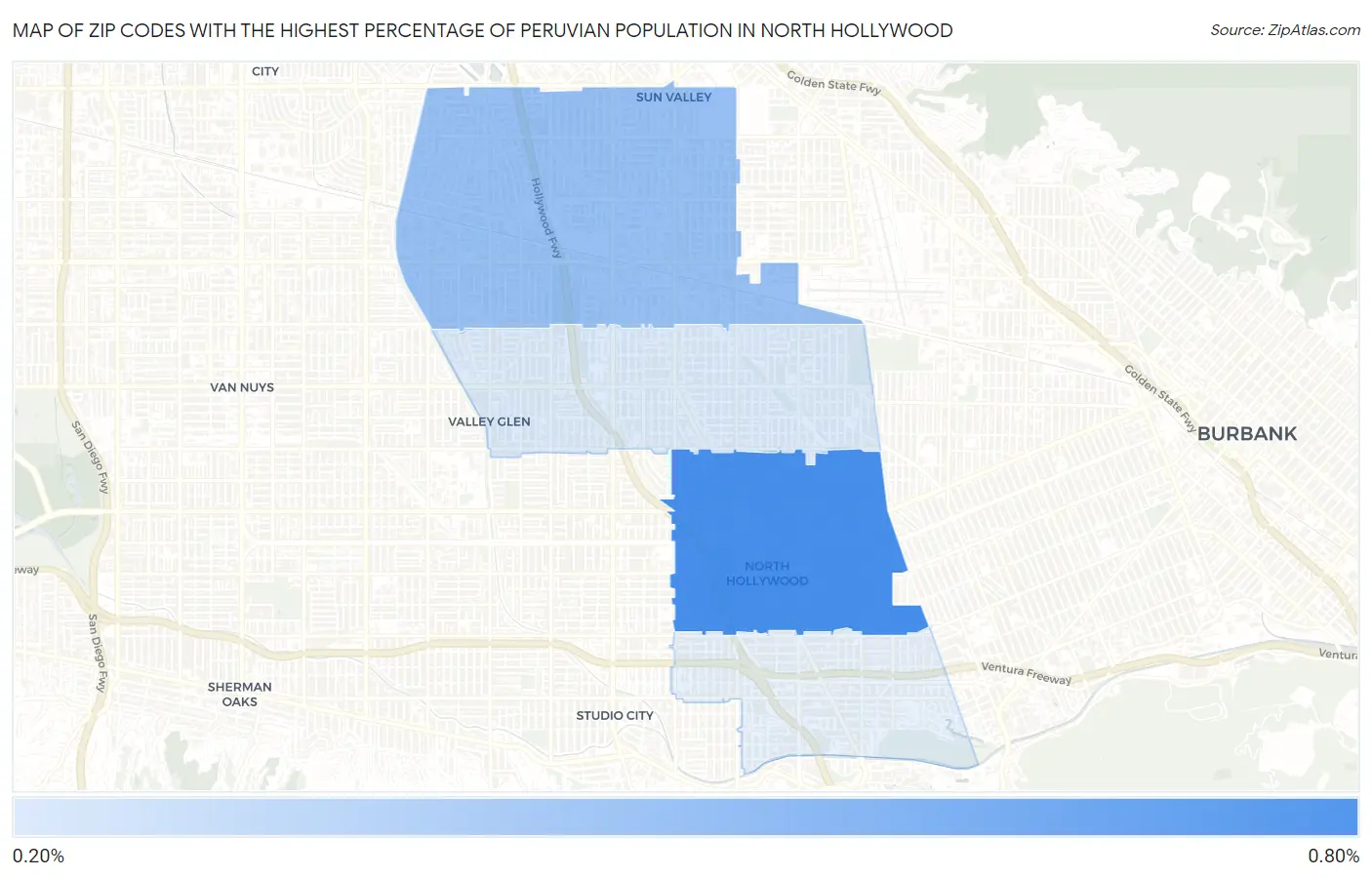 Zip Codes with the Highest Percentage of Peruvian Population in North Hollywood Map