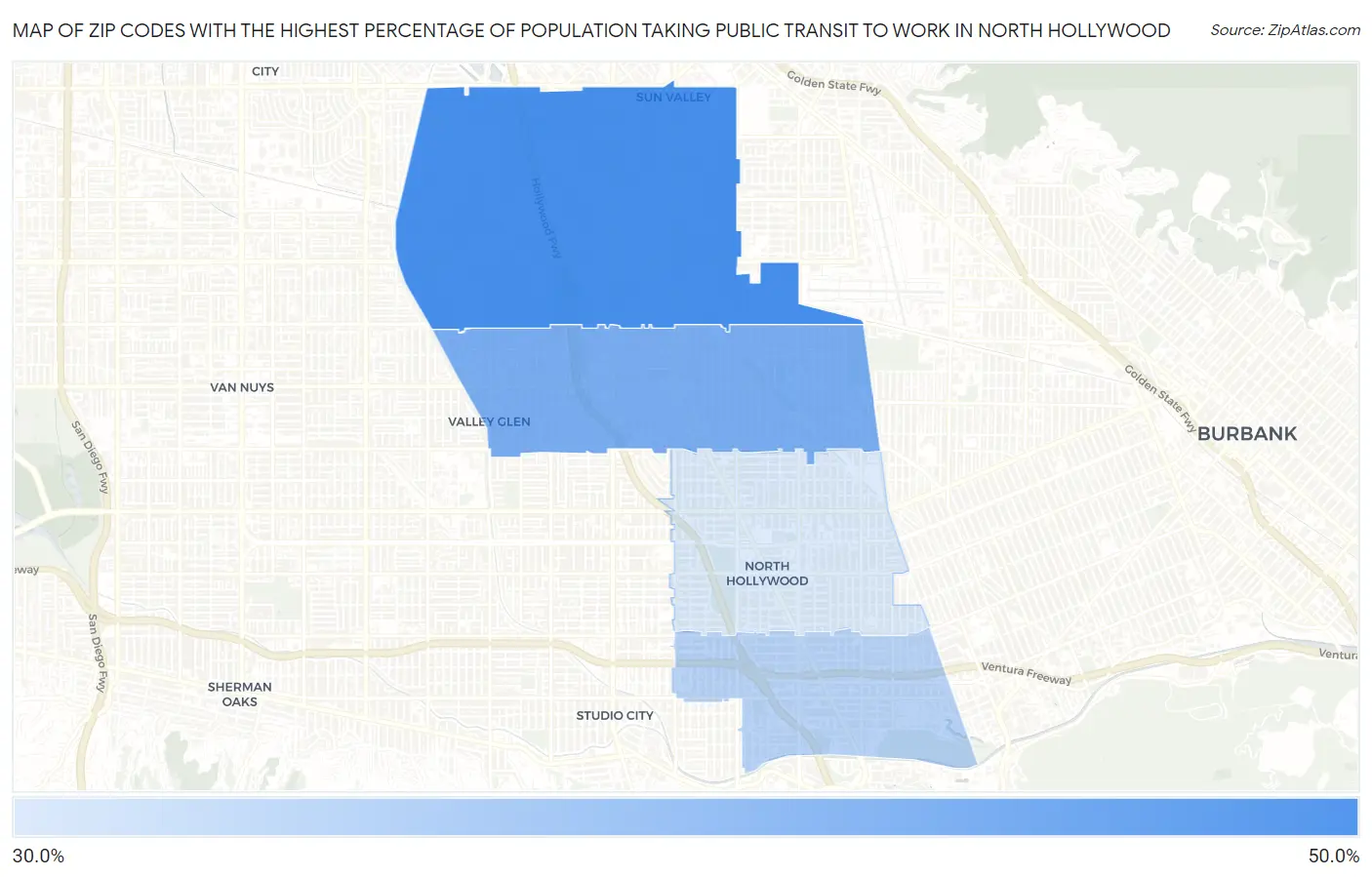 Zip Codes with the Highest Percentage of Population Taking Public Transit to Work in North Hollywood Map