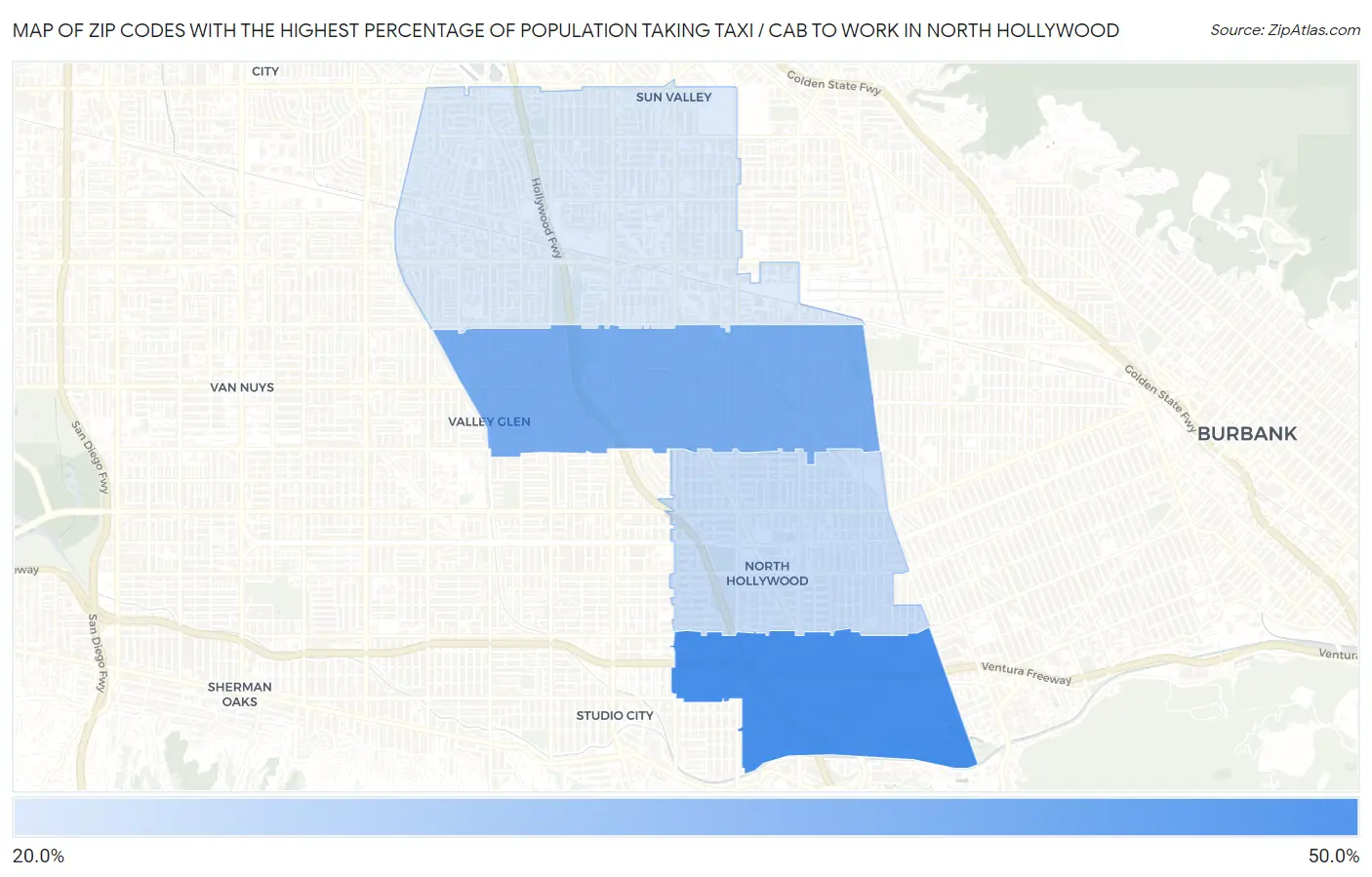 Zip Codes with the Highest Percentage of Population Taking Taxi / Cab to Work in North Hollywood Map