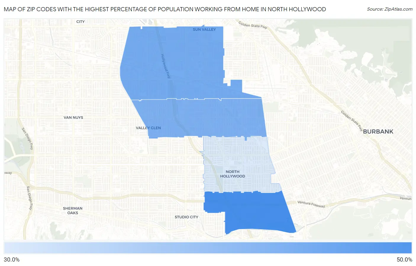 Zip Codes with the Highest Percentage of Population Working from Home in North Hollywood Map