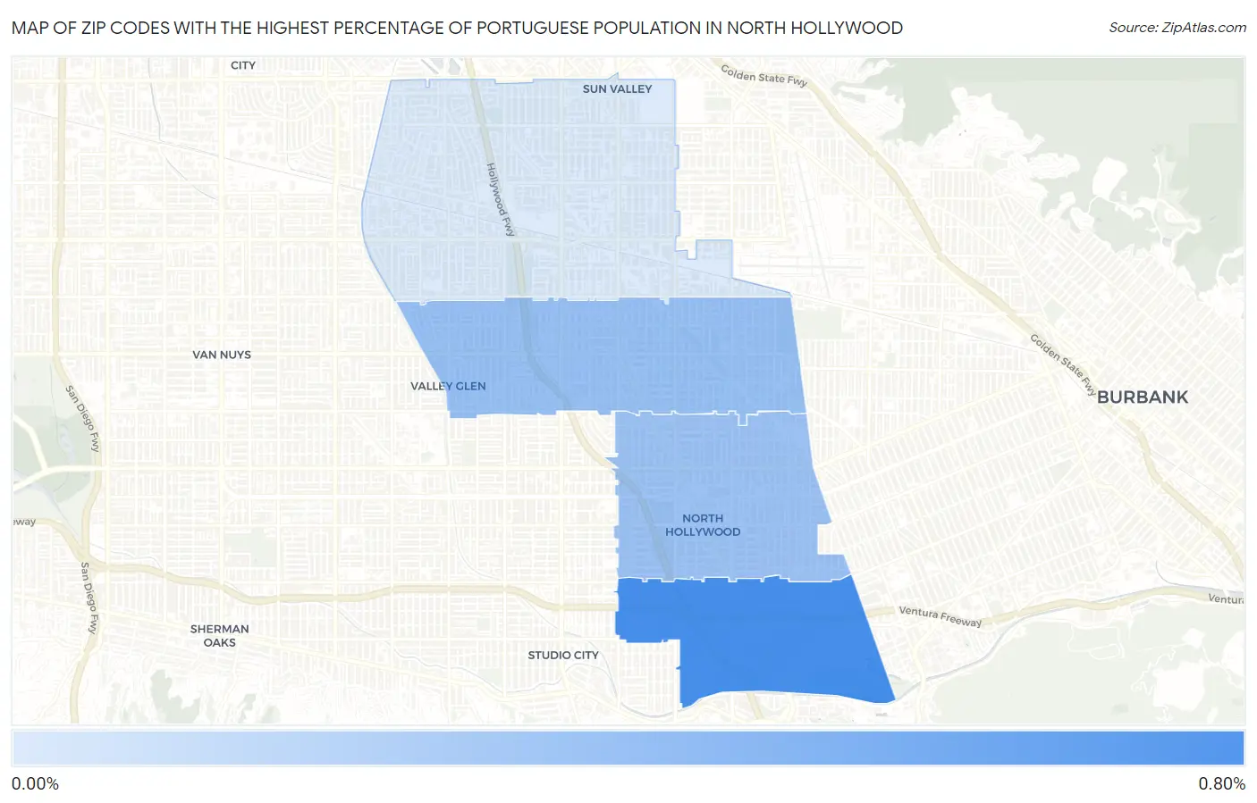 Zip Codes with the Highest Percentage of Portuguese Population in North Hollywood Map