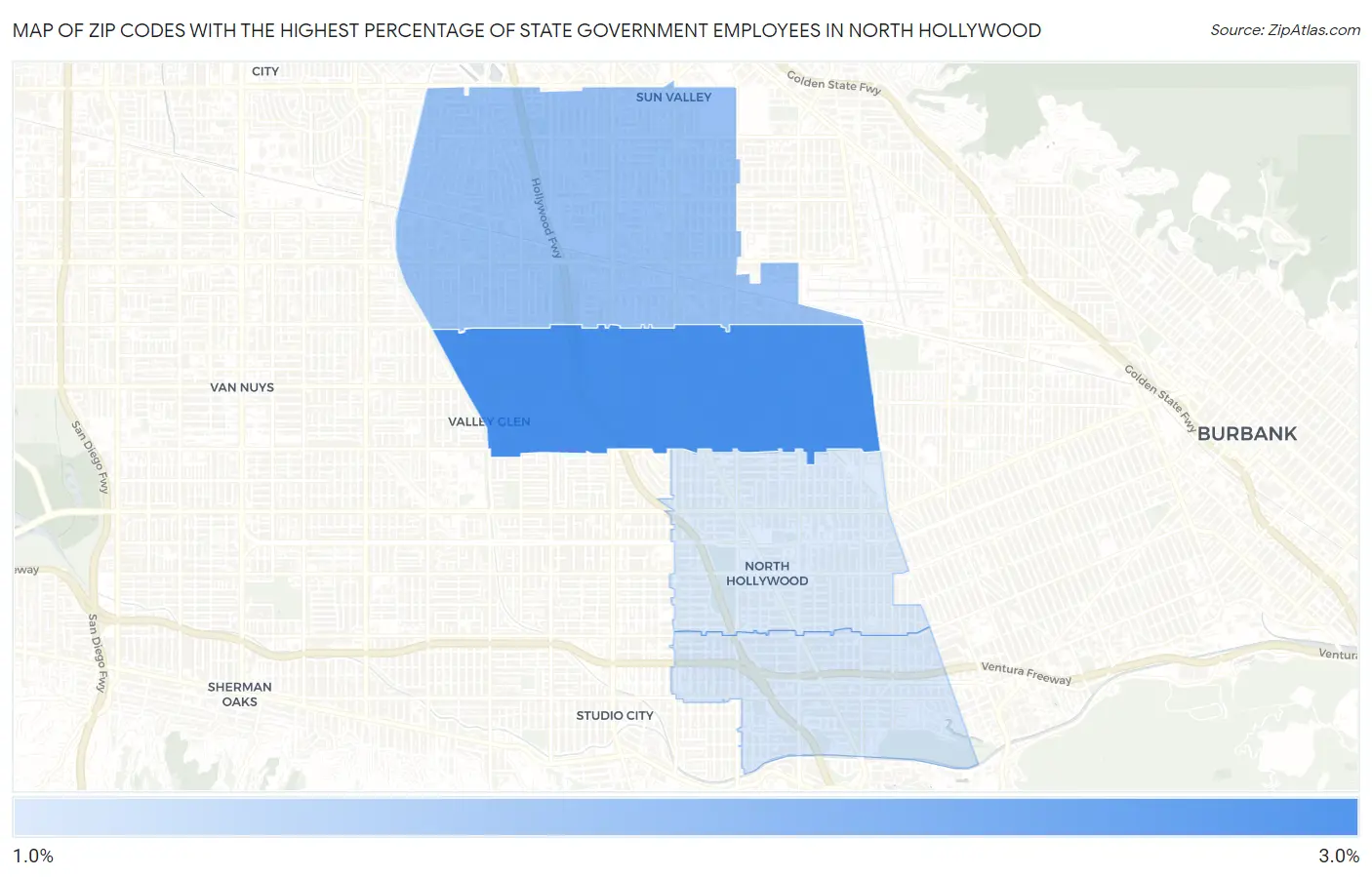 Zip Codes with the Highest Percentage of State Government Employees in North Hollywood Map