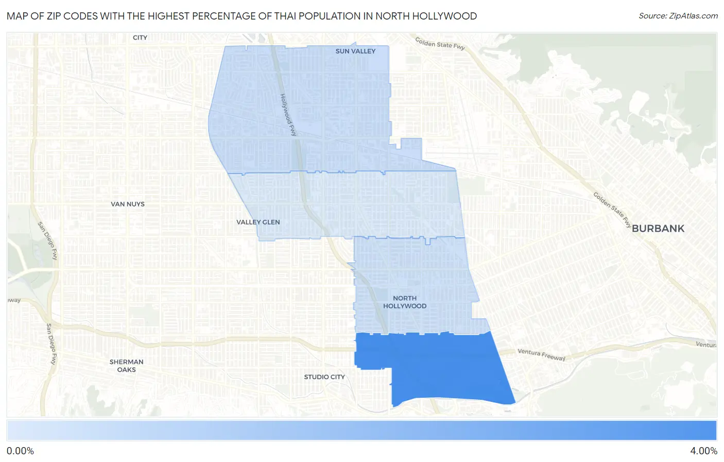 Zip Codes with the Highest Percentage of Thai Population in North Hollywood Map