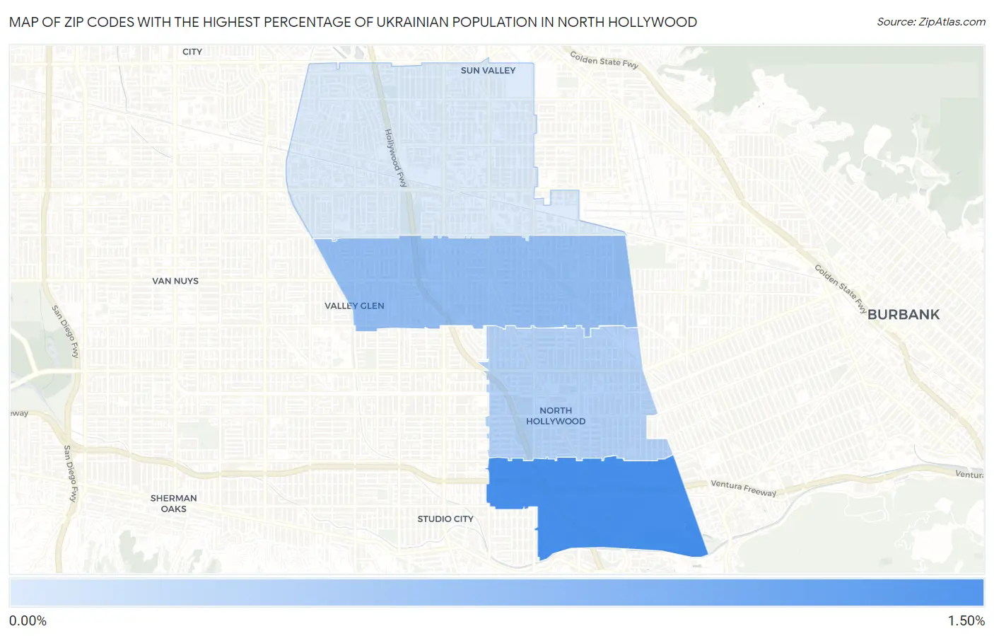 Zip Codes with the Highest Percentage of Ukrainian Population in North Hollywood Map