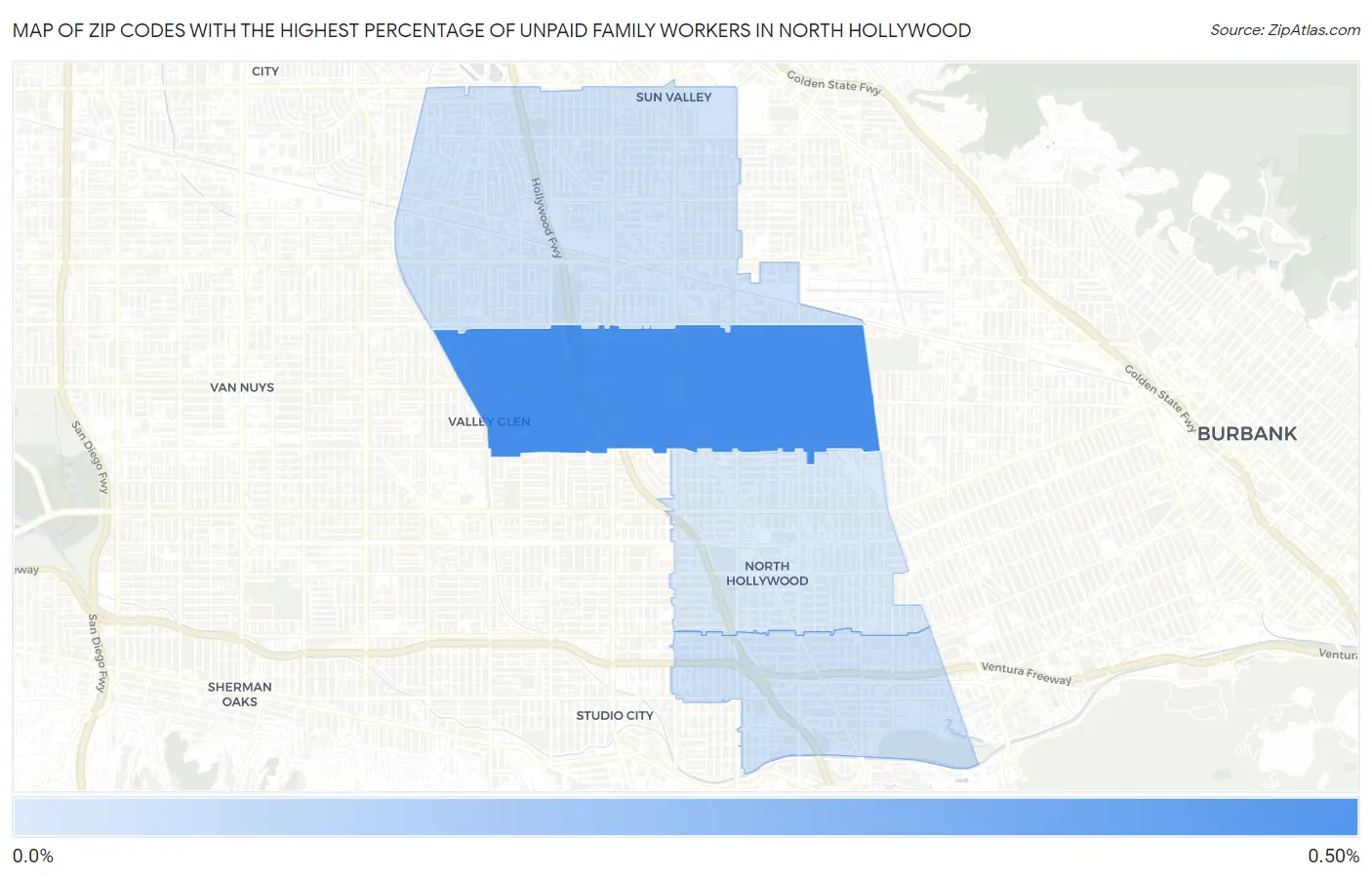 Zip Codes with the Highest Percentage of Unpaid Family Workers in North Hollywood Map