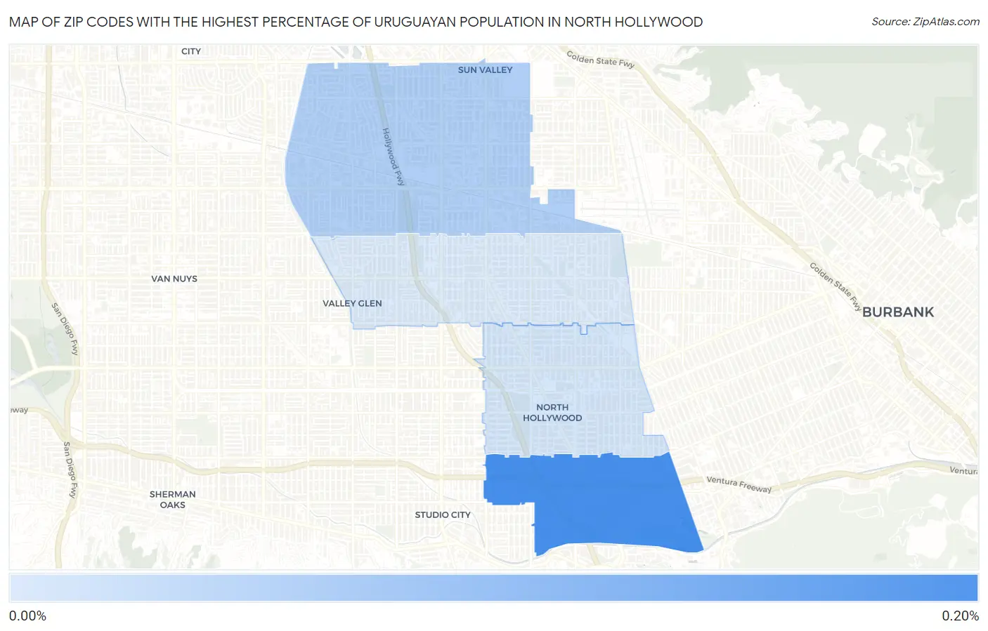 Zip Codes with the Highest Percentage of Uruguayan Population in North Hollywood Map