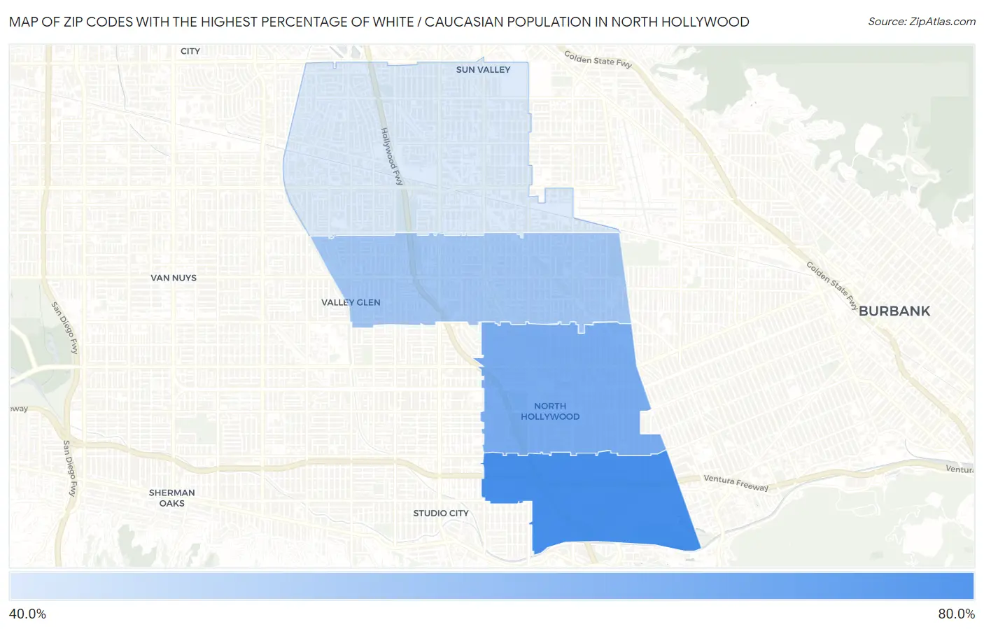 Zip Codes with the Highest Percentage of White / Caucasian Population in North Hollywood Map