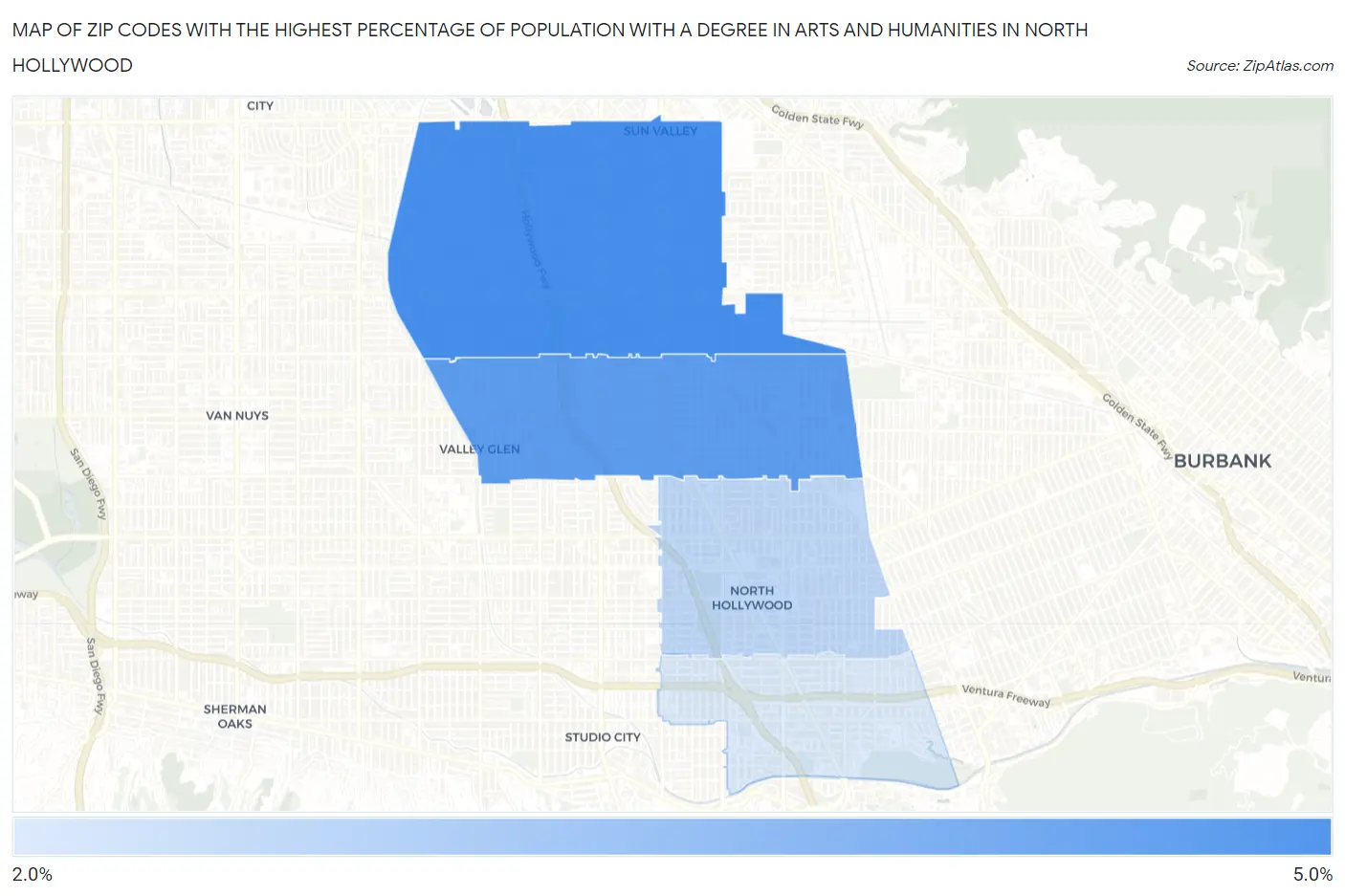 Zip Codes with the Highest Percentage of Population with a Degree in Arts and Humanities in North Hollywood Map