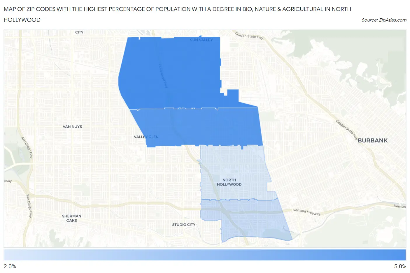 Zip Codes with the Highest Percentage of Population with a Degree in Bio, Nature & Agricultural in North Hollywood Map