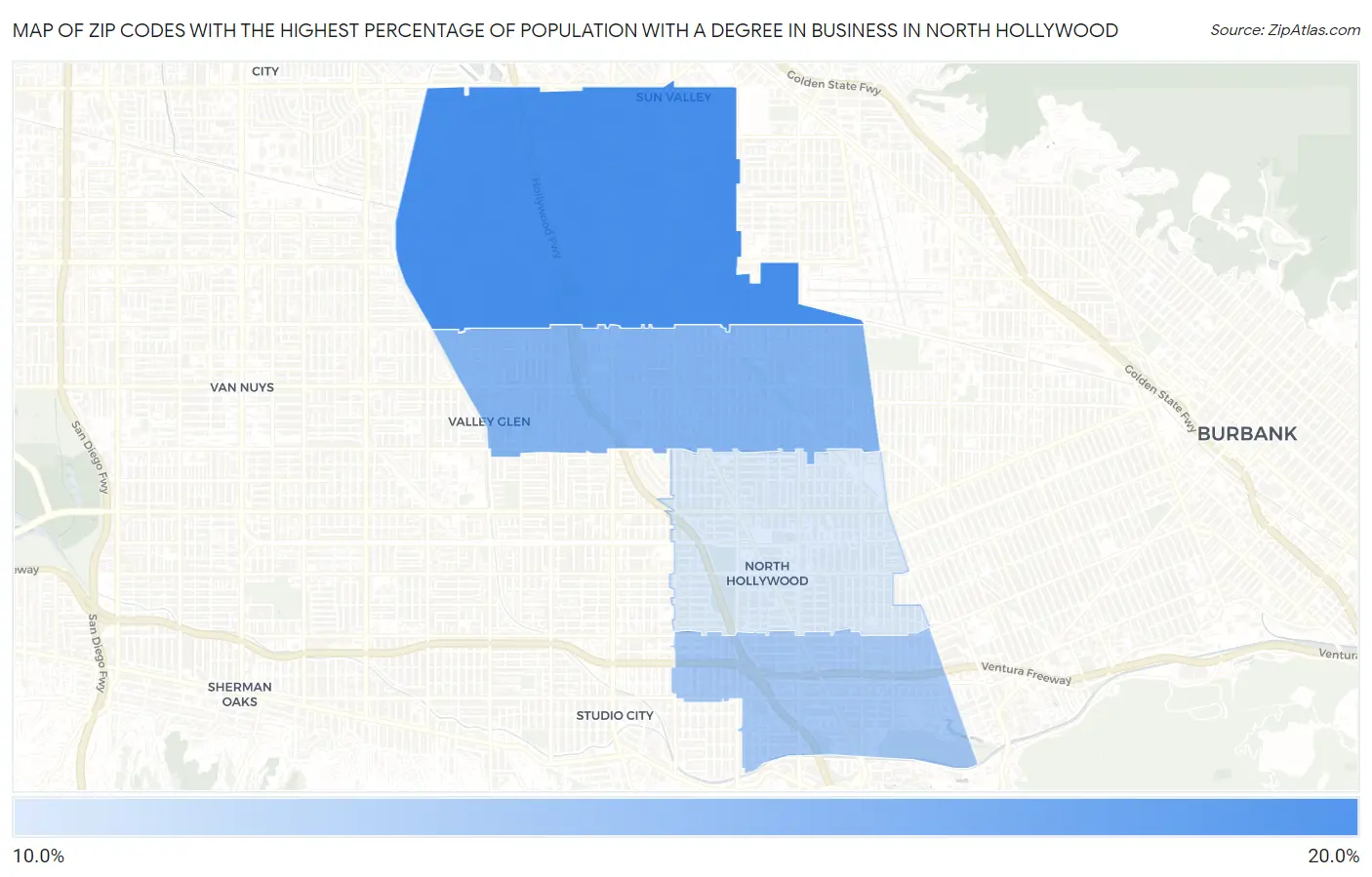 Zip Codes with the Highest Percentage of Population with a Degree in Business in North Hollywood Map