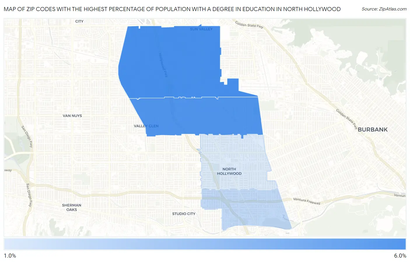 Zip Codes with the Highest Percentage of Population with a Degree in Education in North Hollywood Map