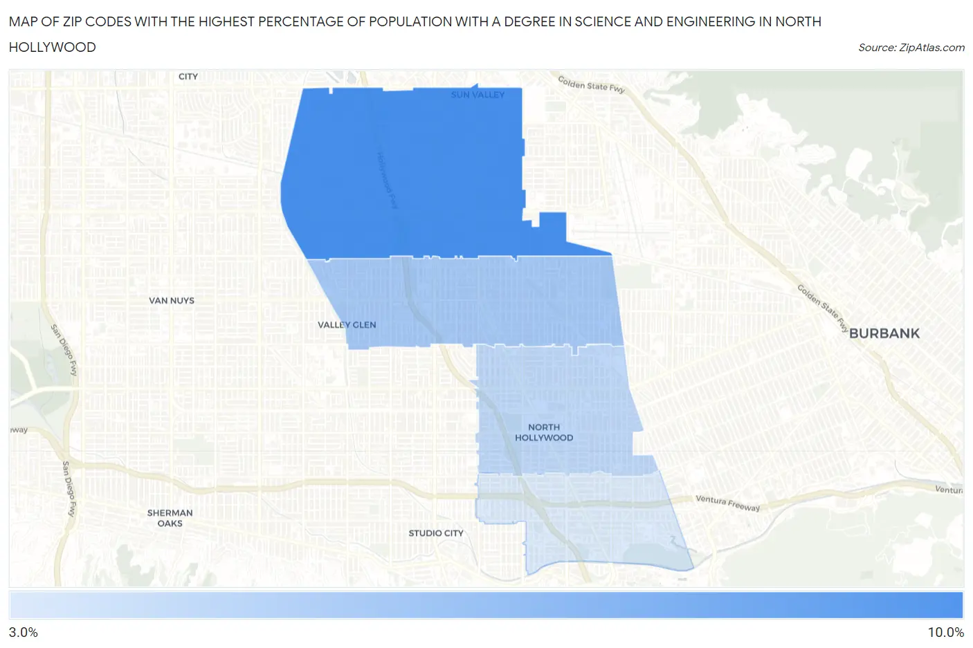 Zip Codes with the Highest Percentage of Population with a Degree in Science and Engineering in North Hollywood Map