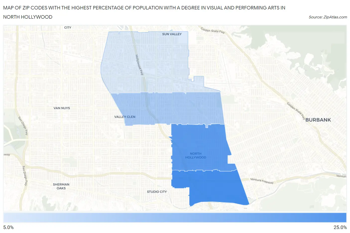 Zip Codes with the Highest Percentage of Population with a Degree in Visual and Performing Arts in North Hollywood Map