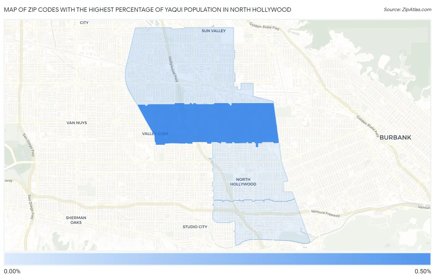 Zip Codes with the Highest Percentage of Yaqui Population in North Hollywood Map