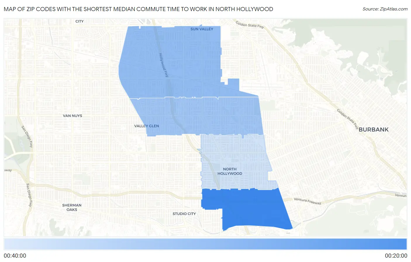 Zip Codes with the Shortest Median Commute Time to Work in North Hollywood Map
