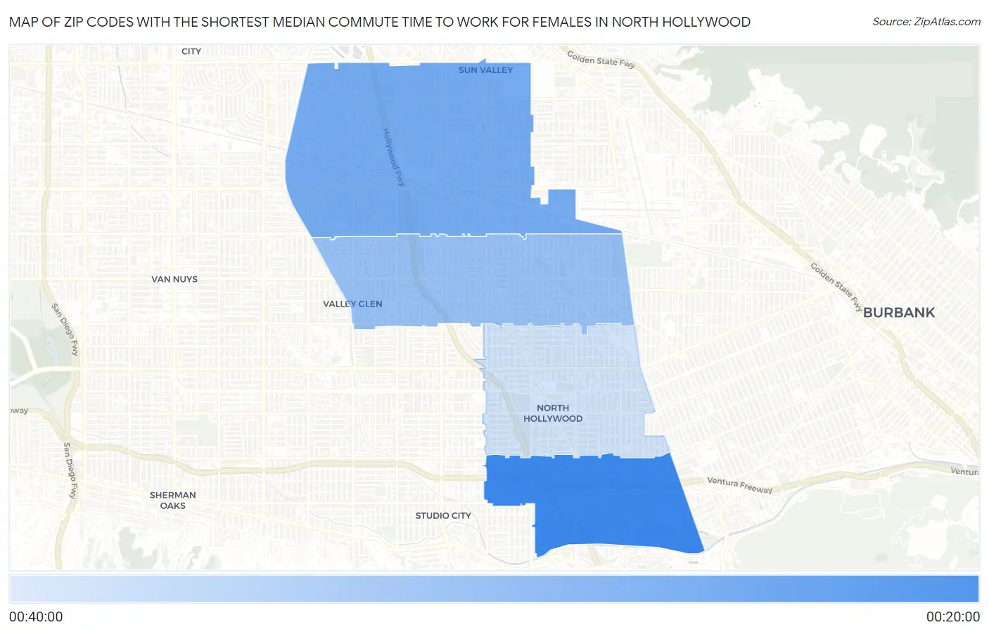 Zip Codes with the Shortest Median Commute Time to Work for Females in North Hollywood Map