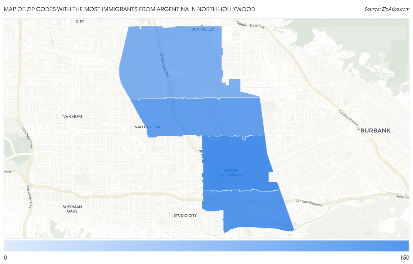 Zip Codes with the Most Immigrants from Argentina in North Hollywood Map