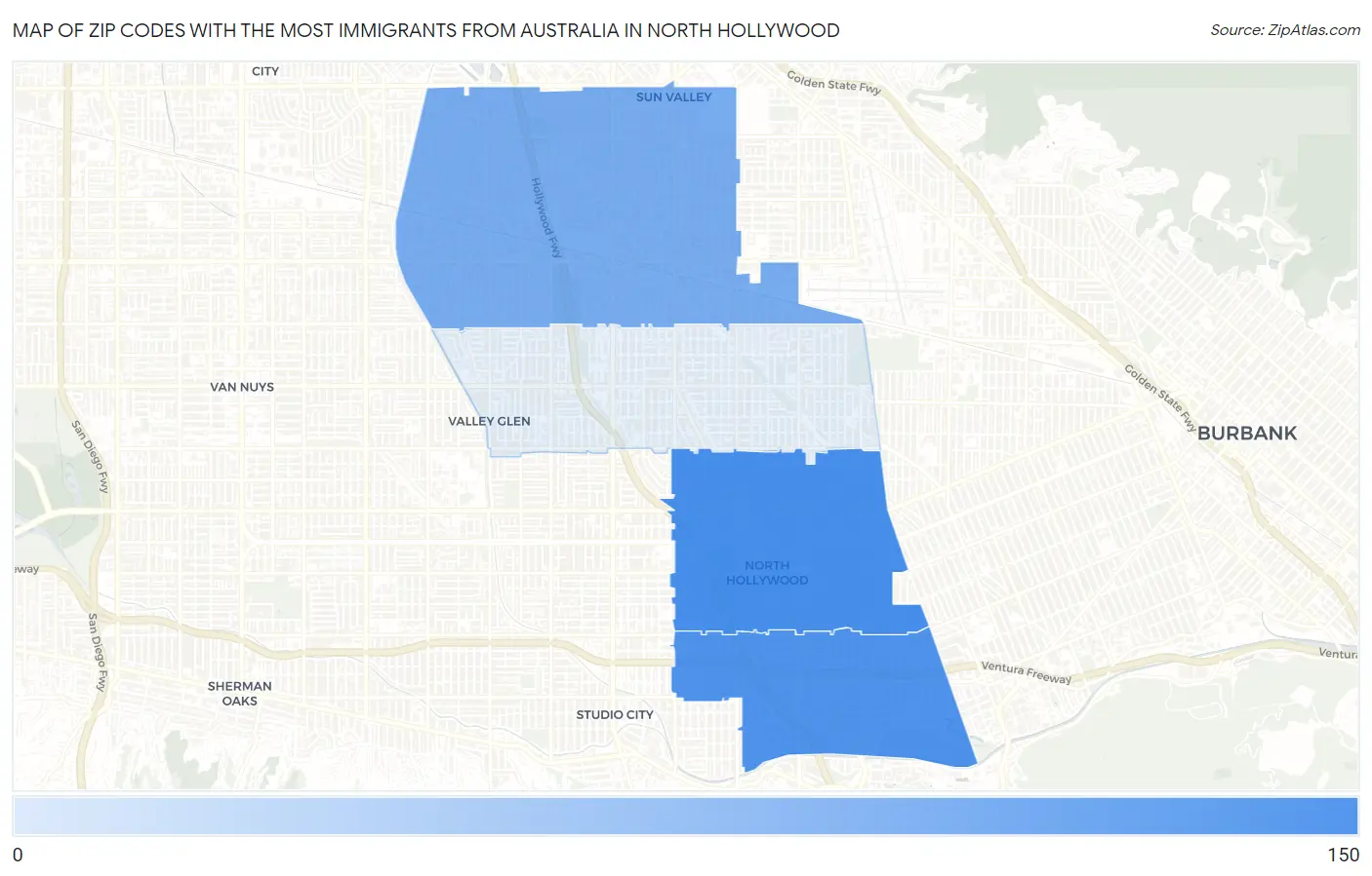 Zip Codes with the Most Immigrants from Australia in North Hollywood Map