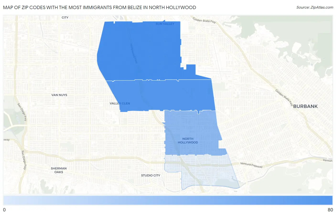 Zip Codes with the Most Immigrants from Belize in North Hollywood Map