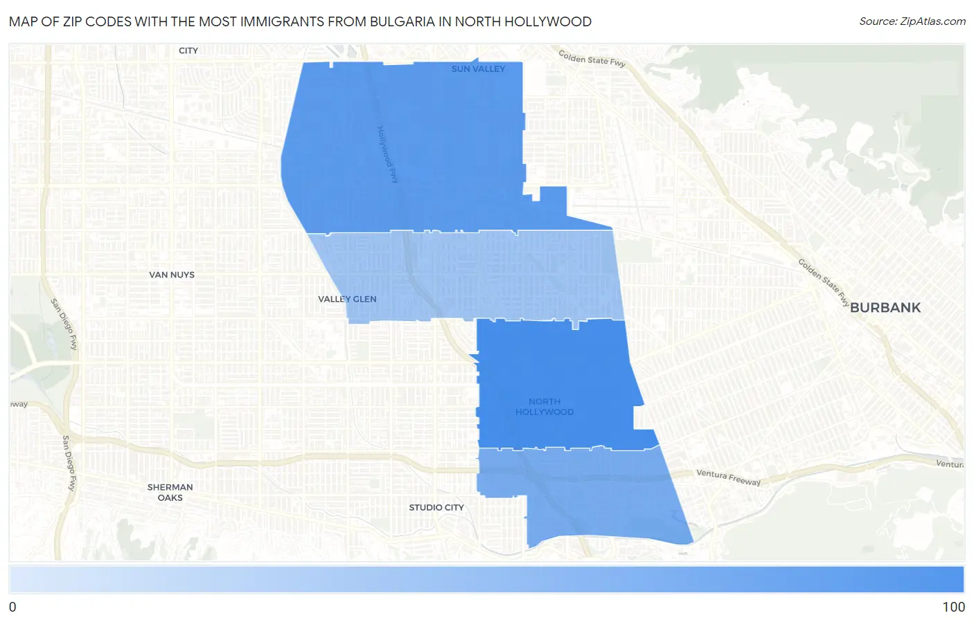 Zip Codes with the Most Immigrants from Bulgaria in North Hollywood Map