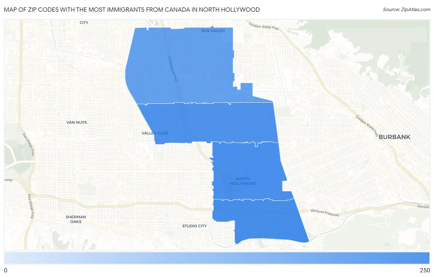 Zip Codes with the Most Immigrants from Canada in North Hollywood Map