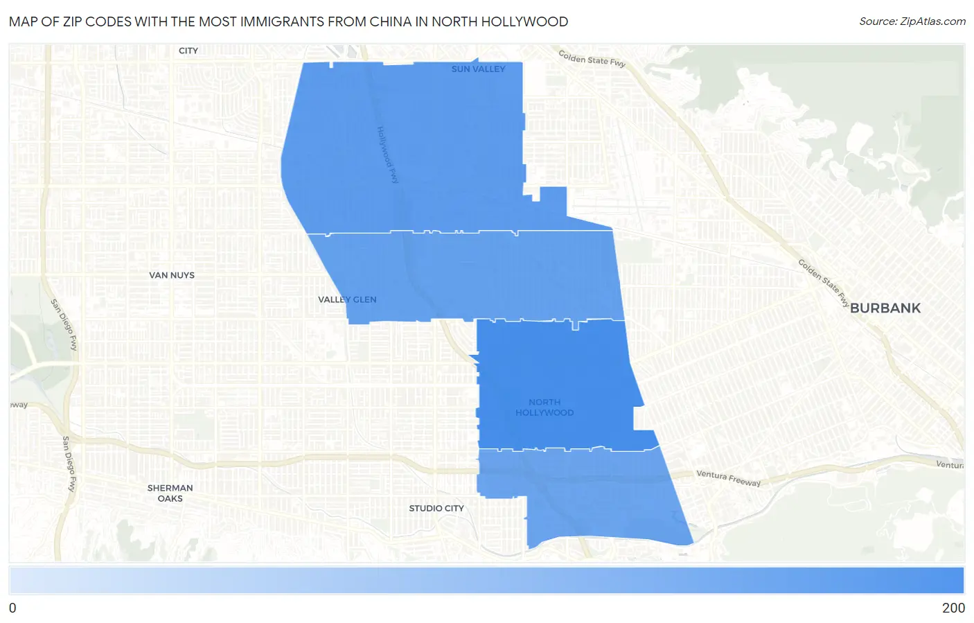 Zip Codes with the Most Immigrants from China in North Hollywood Map
