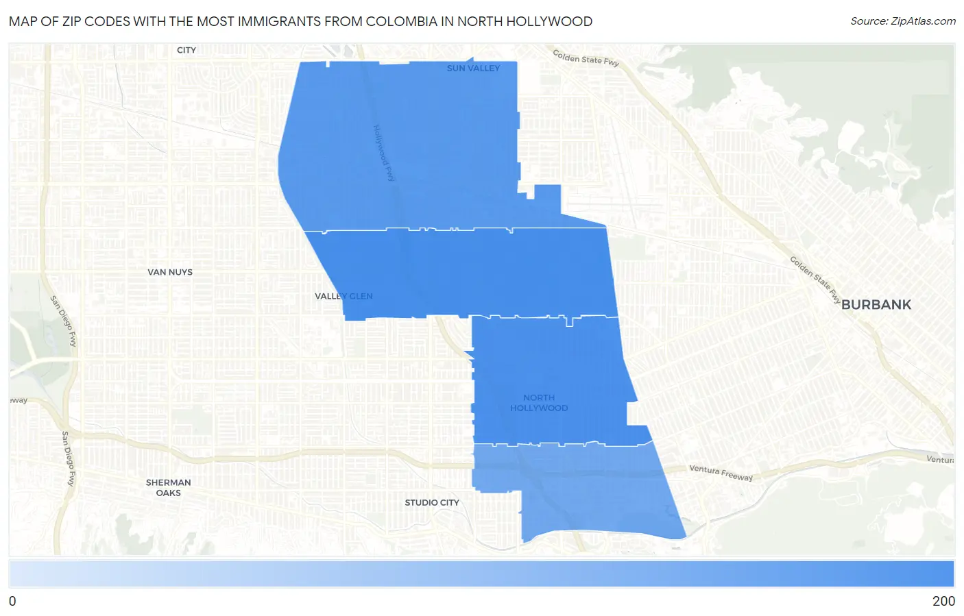 Zip Codes with the Most Immigrants from Colombia in North Hollywood Map