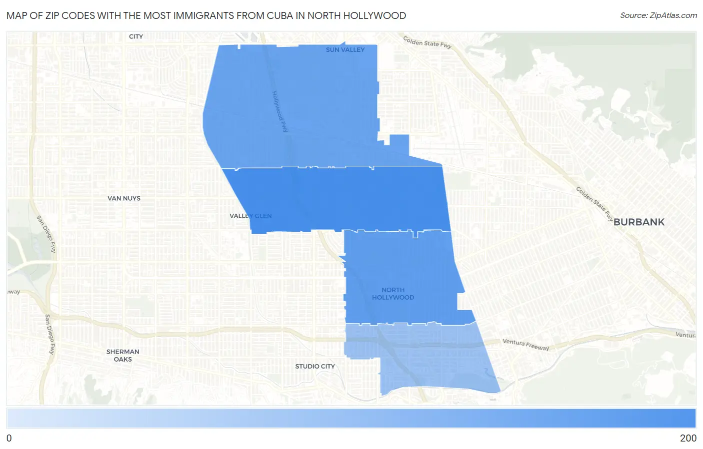 Zip Codes with the Most Immigrants from Cuba in North Hollywood Map