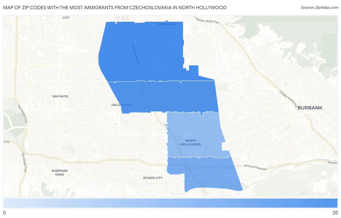 Zip Codes with the Most Immigrants from Czechoslovakia in North Hollywood Map