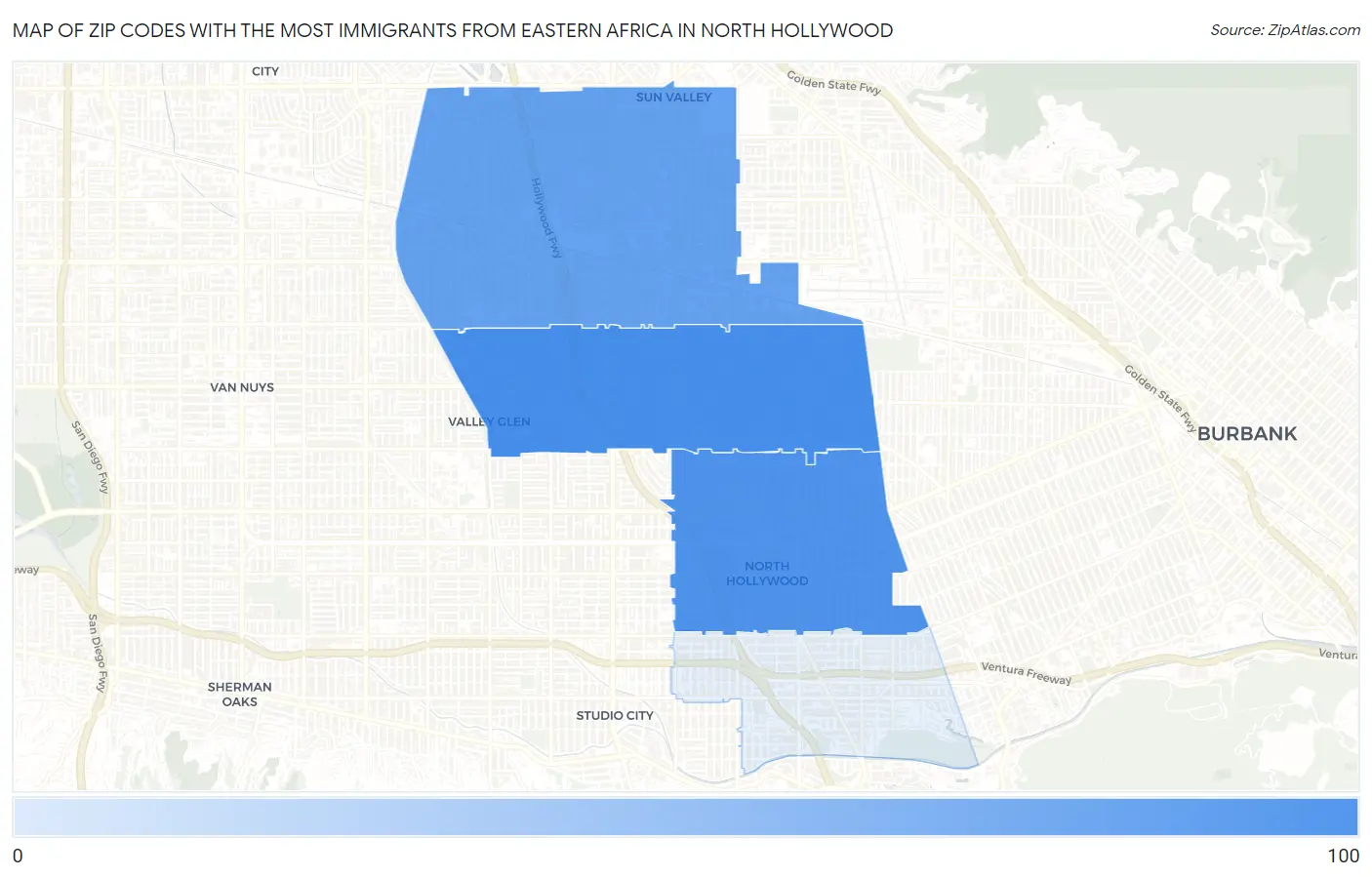 Zip Codes with the Most Immigrants from Eastern Africa in North Hollywood Map