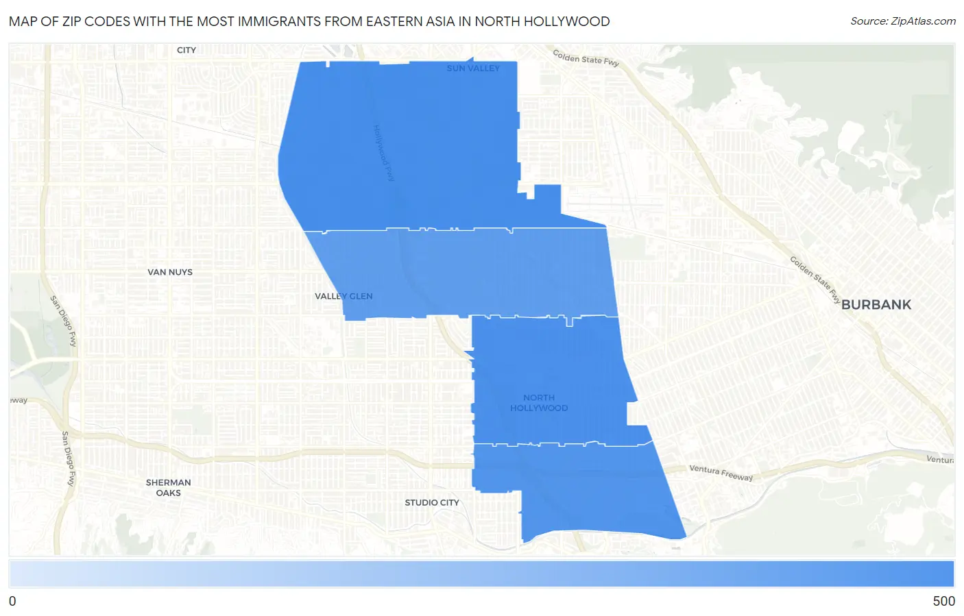 Zip Codes with the Most Immigrants from Eastern Asia in North Hollywood Map