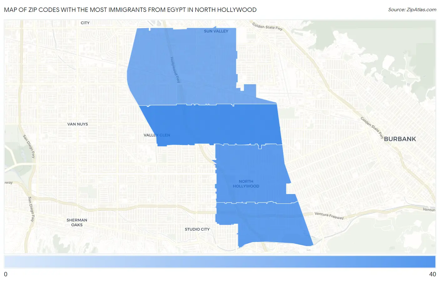 Zip Codes with the Most Immigrants from Egypt in North Hollywood Map
