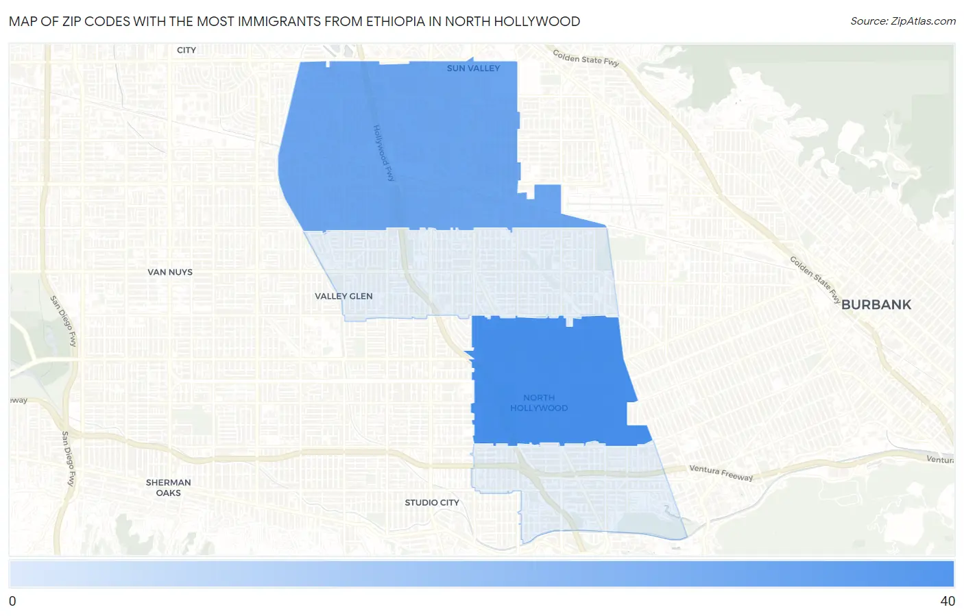 Zip Codes with the Most Immigrants from Ethiopia in North Hollywood Map