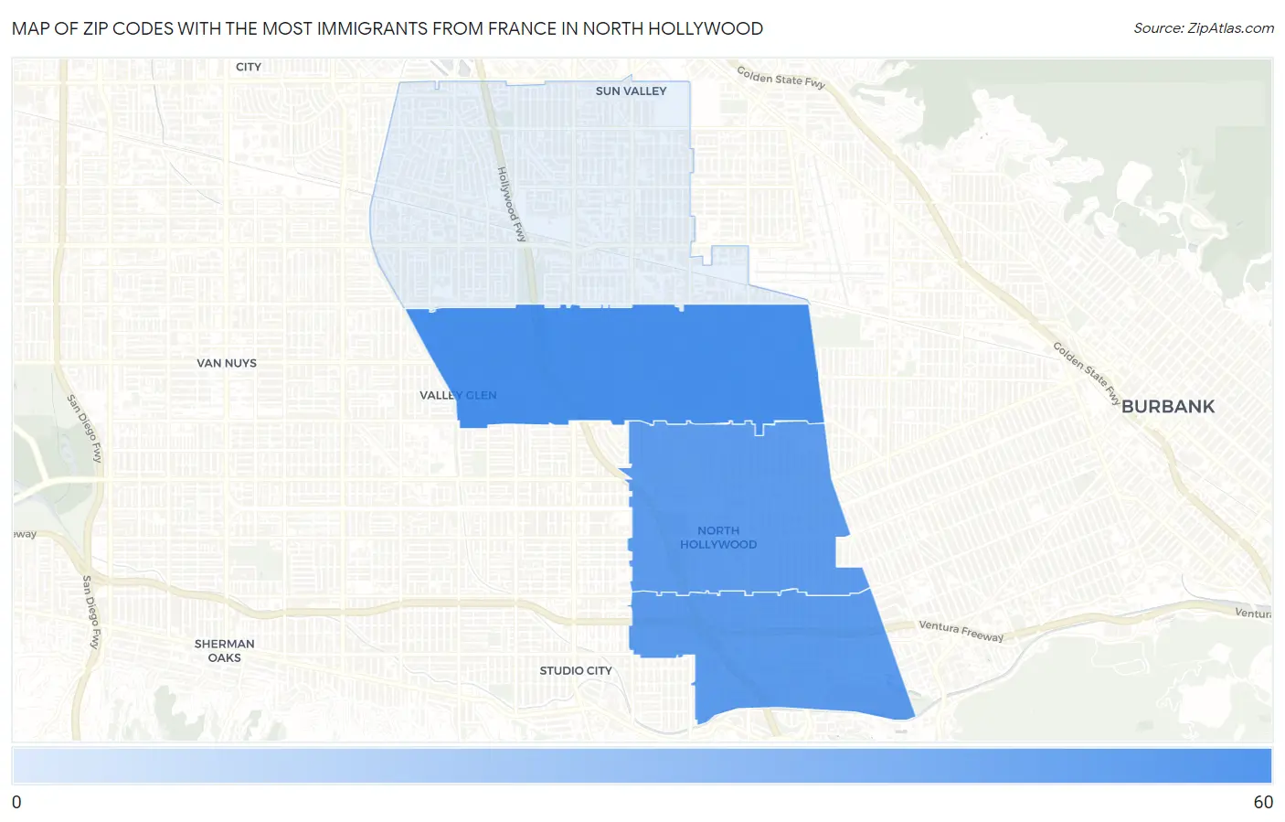Zip Codes with the Most Immigrants from France in North Hollywood Map