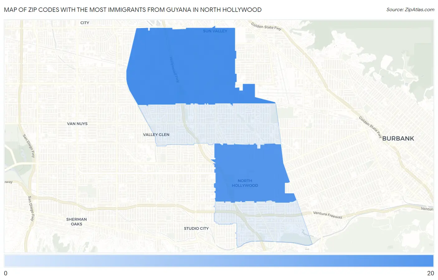 Zip Codes with the Most Immigrants from Guyana in North Hollywood Map