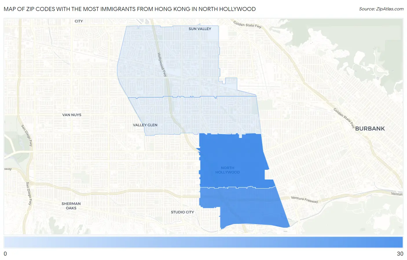 Zip Codes with the Most Immigrants from Hong Kong in North Hollywood Map
