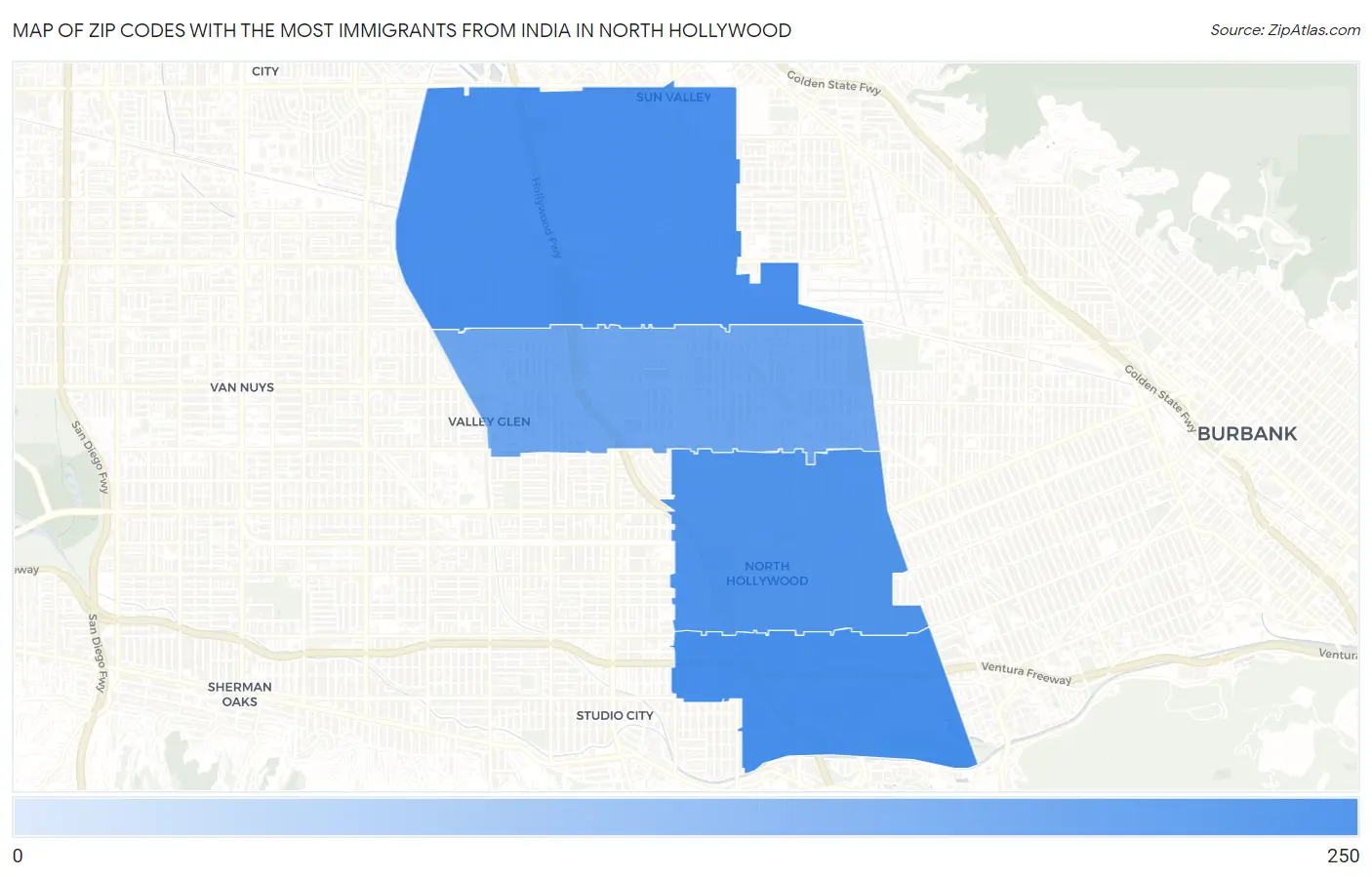 Zip Codes with the Most Immigrants from India in North Hollywood Map